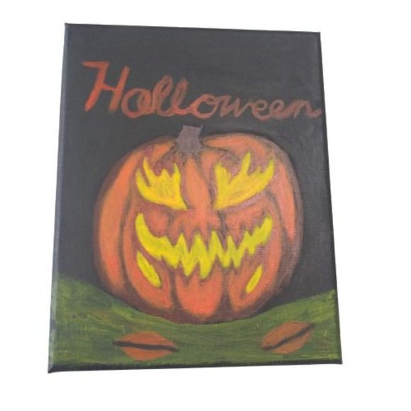 Terrifying Halloween Jack o Lantern Acrylic Painting on Black Canvas 8 x 10 in - Picture 8 of 9